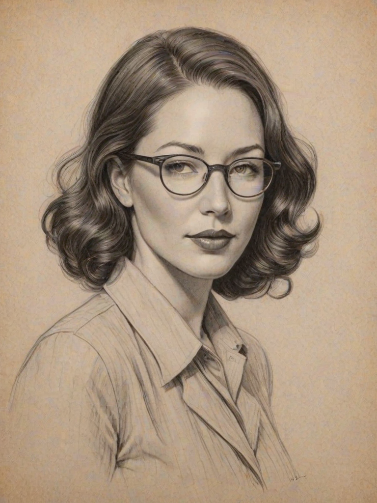 Magnificent Lynn Collins, pencil sketch, portrait of Fetching woman 1934s in glasses, hair style beatnik, outline, clear lines, fine lines, 8k