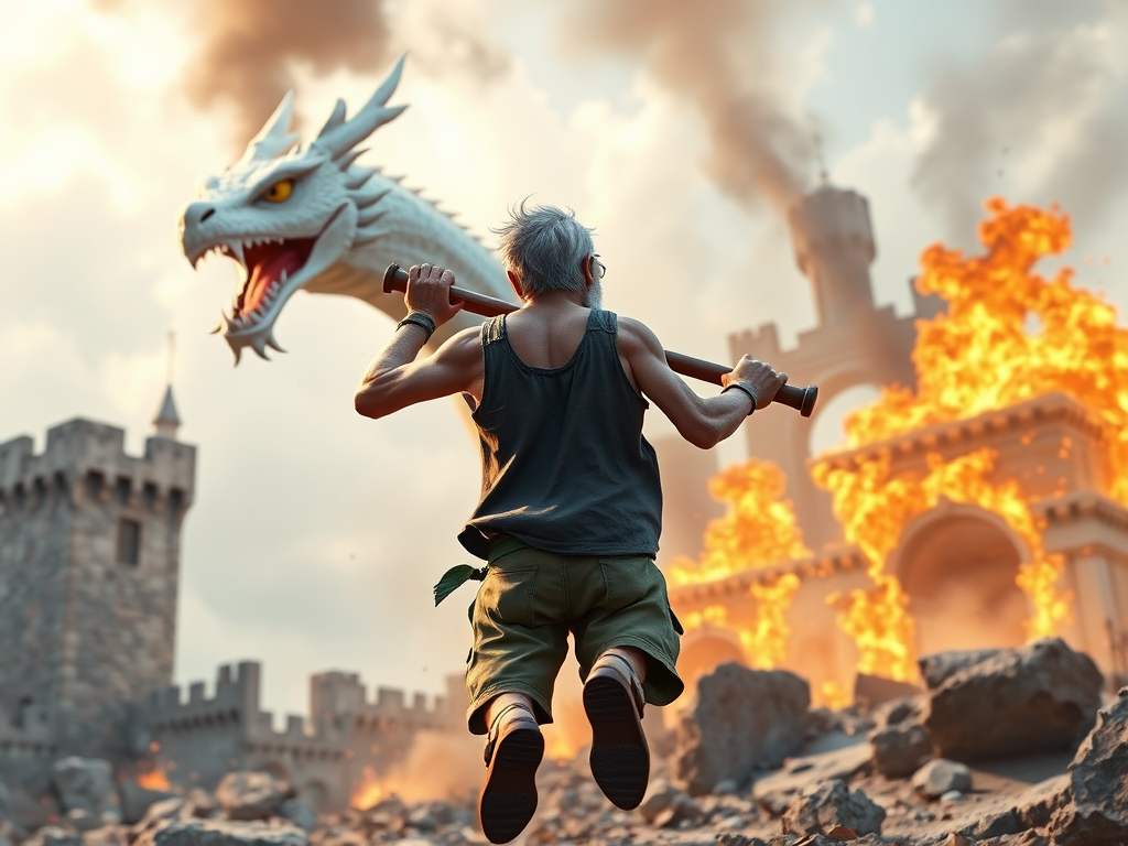 Cartoon 3D High-Resolution,dynamic battle scene using Unreal Engine 5 and Octane Render. The scene features back of an elderly, thai man with a beard,messy hair and round golden-rimmed glasses. He is wearing a tattered tank top with soot marks, shorts, and sandals. sweating. he wields a baseball bat. He jump to fight with a white fire-breathing Europe dragon amidst a partially destroyed stone castle. Include intense flames, smoke, and debris to enhance the dramatic effect.