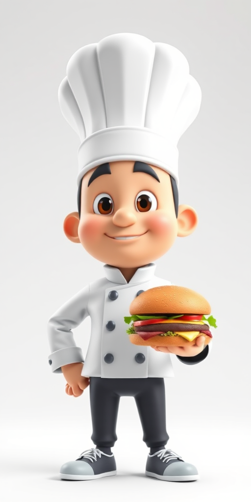 Create a 3D rendering of a cartoon chef character with a friendly expression, wearing a white chef's jacket and a tall chef hat, holding a hamburger in one hand, with a clean white background, using a DSLR camera with a focal length of 50mm, aperture set to f/8 for depth of field, and a soft lighting setup to enhance details and colors.