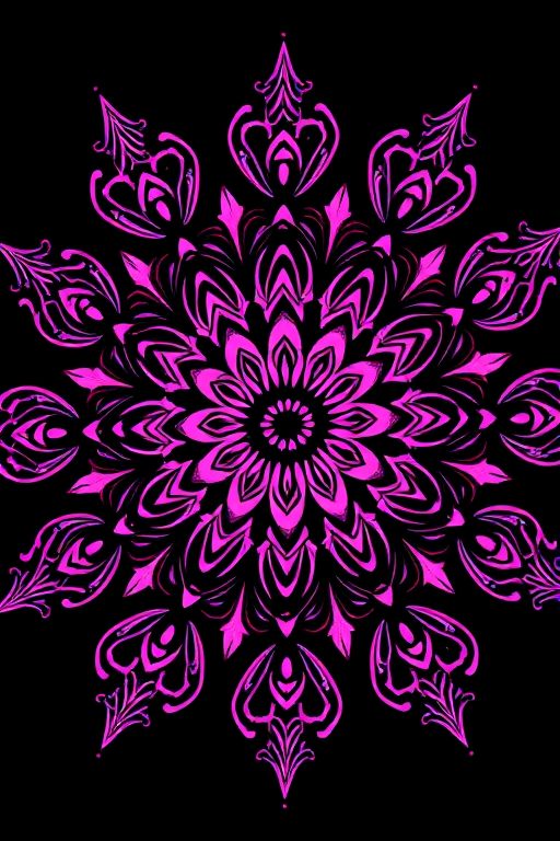 Create a highly detailed mandala design with intricate pink patterning on a black background, using a macro lens at f/2.8 aperture, ISO 100, and a 50mm lens to enhance sharpness and color vibrancy.