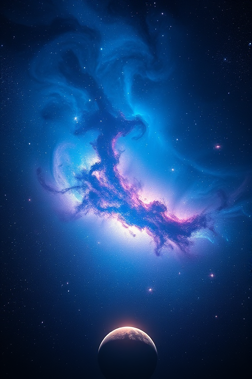 Create a vibrant cosmic scene featuring a swirling nebula of blues and purples, with a glowing planet at the bottom, shot with a Canon EOS R5, 24mm lens, f/2.8 aperture, ISO 100, long exposure for enhanced light trails, low-angle view to capture depth and dramatic lighting.