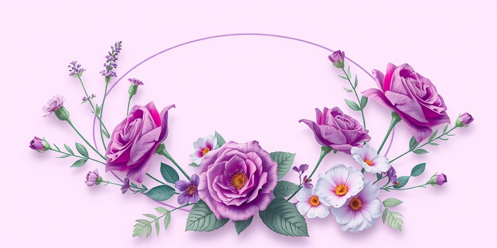 Create a vibrant digital illustration of purple roses and floral elements within an oval shape on a soft lavender background, utilizing a Canon EOS R5 with a 50mm f/1.2 lens, aperture set to f/2.8, ISO 100, and a shallow depth of field for enhanced clarity and detail.