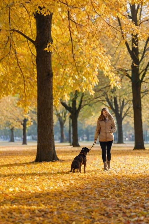 Bright autumn day in a park, the ground covered in golden leaves, a woman walking her dog, the two of them enjoying the crisp, cool air.