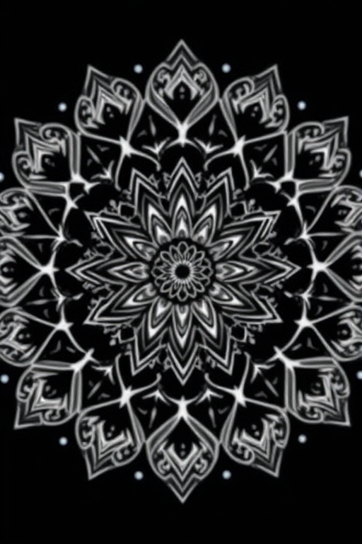 Create a high-resolution mandala pattern featuring geometric shapes and intricate lines on a dark background using a DSLR camera with a 50mm lens, aperture set to f/1.8, ISO 100, and a soft focus effect for a more dynamic appearance.
