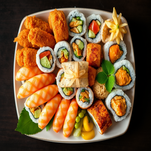 A beautifully arranged platter of sushi rolls, featuring a variety of fried and fresh rolls, garnished with wasabi and pickled ginger, captured with a Canon EOS R5, 50mm lens, f/2.8 aperture, ISO 100, soft natural lighting, top-down view for clarity and detail.