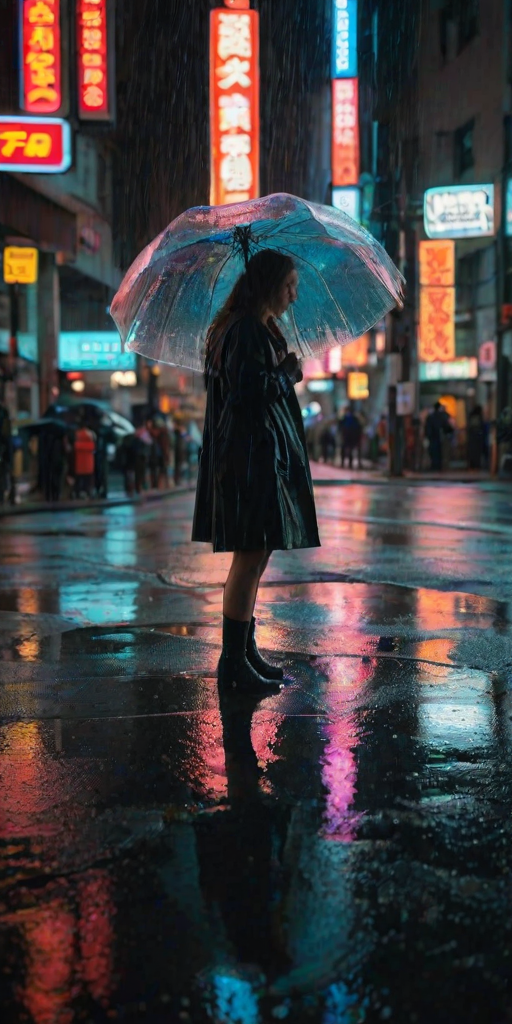 Rain-soaked city street, reflections of neon signs glowing in puddles, a woman standing at a crosswalk holding a clear umbrella, her silhouette framed by the vibrant lights.