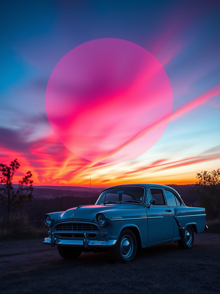 A retro car parked on a hill at sunset with a large colorful circle in the background, vibrant pink and blue hues in the sky, captured with a Nikon D850, 50mm lens, f/1.8 aperture, ISO 100, at dusk using a long exposure technique for enhanced detail and smooth colors.