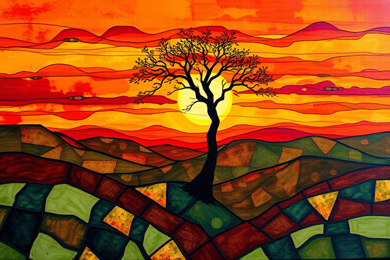 A vibrant abstract painting on Tiffany Glass, blending acrylic and alcohol ink techniques, captures a dramatic sunset over rolling hills. The artwork features a textured, rocky foreground in green and brown, layered abstract hills, and a striking sunset in rich oranges, yellows, and reds. A solitary black tree with intricate branches contrasts against the fiery sky, creating a dynamic and expressive portrayal of a breathtaking natural scene.