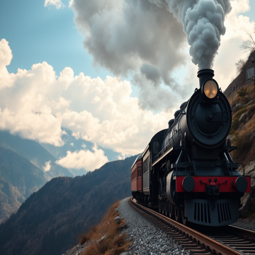 Create a highly detailed image of a vintage steam locomotive chugging along a scenic mountain track with dramatic clouds and smoke, using a DSLR camera with a 50mm lens, aperture f/1.8, ISO 100, shutter speed 1/500s, capturing a dynamic angle from slightly below the train to emphasize its grandeur.