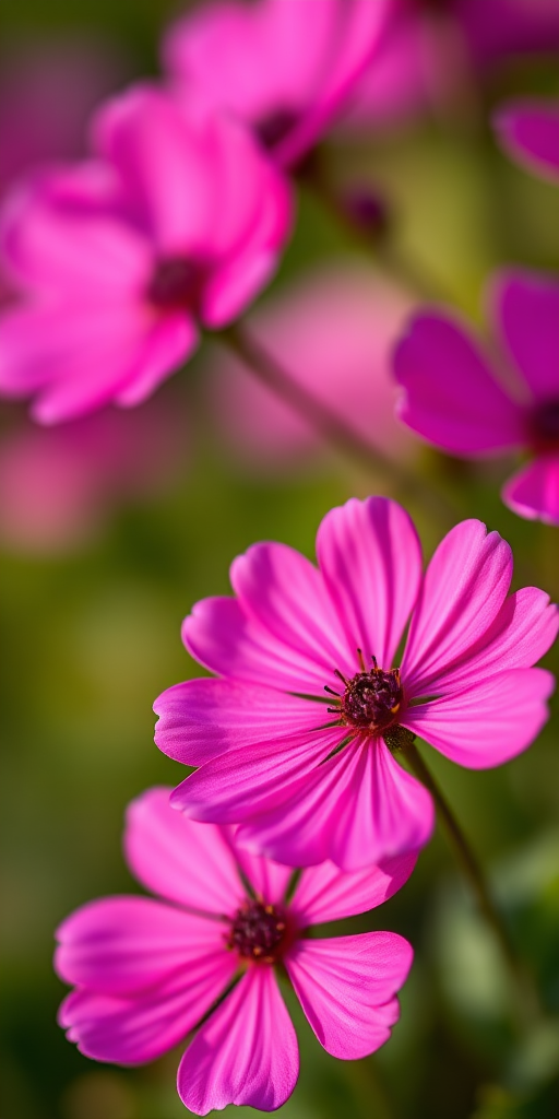 macro photograph of vibrant pink flowers with a blurred green background, aperture f/2.8, shutter speed 1/200s, ISO 100, 100mm lens, natural light, DSLR camera