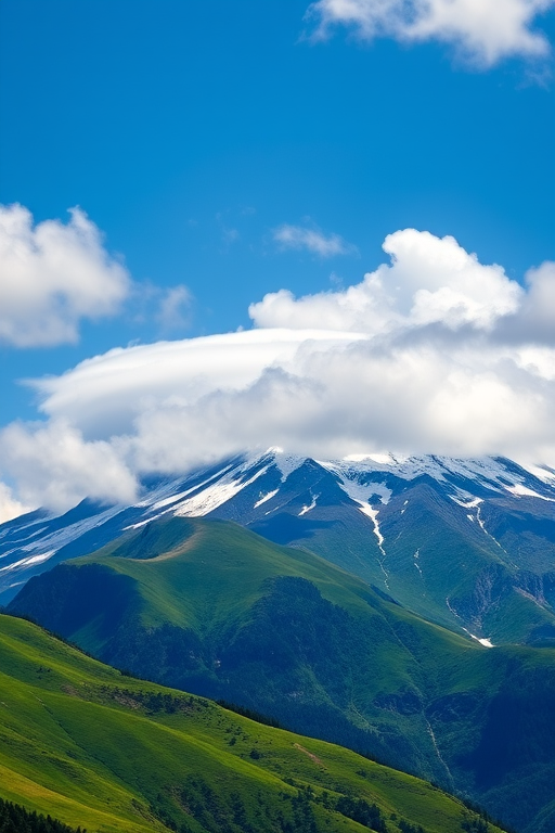 snow-capped mountain peak with clouds rolling in front, vibrant green hillside, blue sky with fluffy white clouds, taken with a Canon EOS 5D Mark IV, aperture f/8, ISO 100, shutter speed 1/200 sec, landscape view, high definition, natural lighting