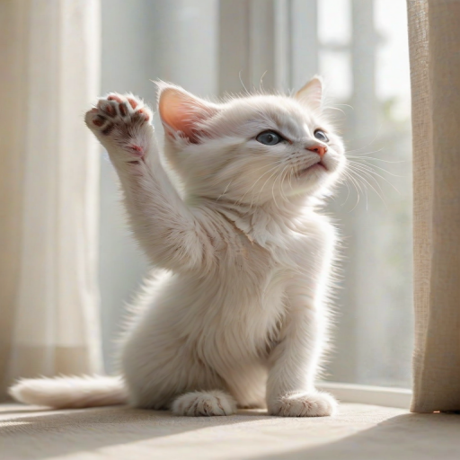 a cute white kitten reaching up towards a window with its paw while sitting on a light-colored surface, natural sunlight filtering through sheer curtains, focus on the kitten's expressive eyes and fluffy fur