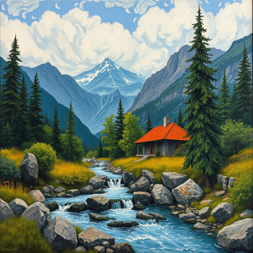 This Van Gogh-inspired painting depicts a peaceful scene of a small cabin located near a flowing river. The scene is surrounded by lush vegetation, including tall trees and rocky terrain. In the background, majestic mountains rise under a sky filled with rolling clouds. The river gently cascades over the rocks, adding a sense of movement and tranquility to the scene. The use of vibrant colors and detailed brushstrokes create a sense of depth and harmony in the natural setting.
