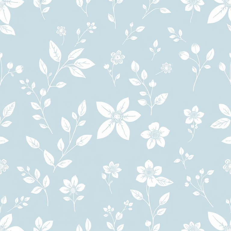 generate a seamless botanical pattern featuring hand-drawn white leaves and flowers on a soft blue background