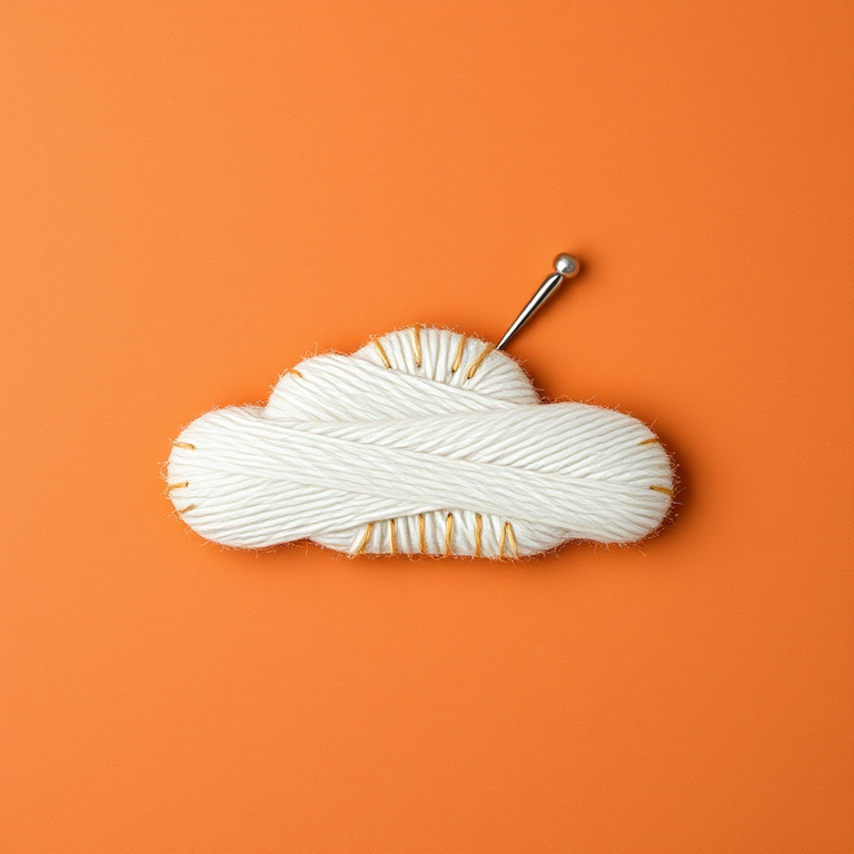 Create an image of a stylized cloud stitched together with thread and a sewing needle against a warm terracotta background, shot with a Canon EOS R5, aperture f/5.6, ISO 100, 50mm lens, in a flat lay perspective to enhance detail and texture.