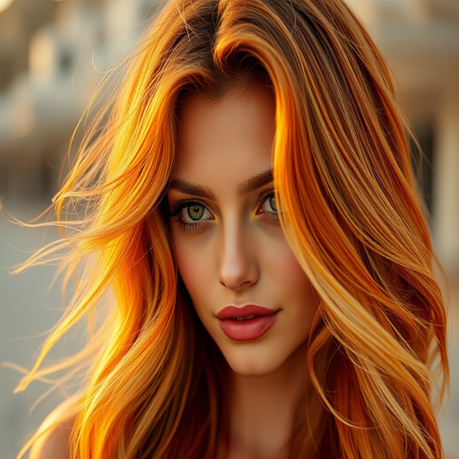 Stunning portrait of a woman with Sunset Ombre hair, flowing from deep orange to pale yellow, styled in loose beach waves cascading over her shoulders, reflecting golden hour light