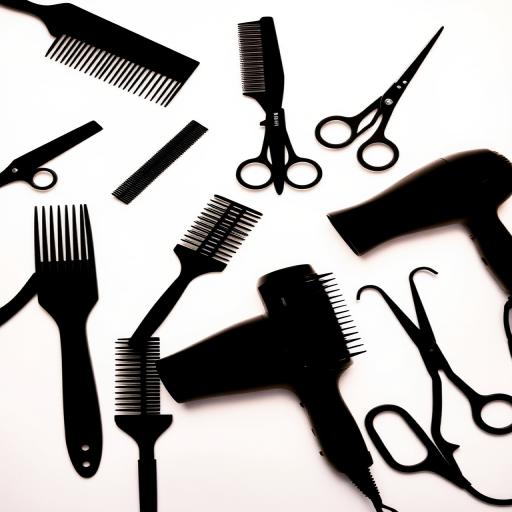 Create a high-contrast silhouette image of various hairdressing tools including combs, brushes, scissors, and hairdryers on a white background, using a Canon EOS R5 camera with a 50mm lens, f/2.8 aperture, ISO 100, and a shallow depth of field for a professional look.