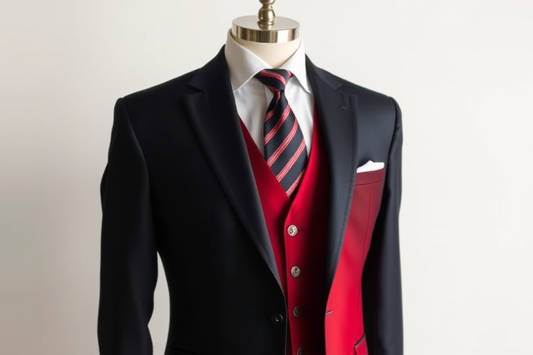 Create a high-resolution image of a formal suit with a black jacket, red vest, white shirt, and striped tie, taken with a DSLR camera at f/2.8 aperture, 50mm lens, and ISO 100, in a soft light setting for enhanced detail and clarity.