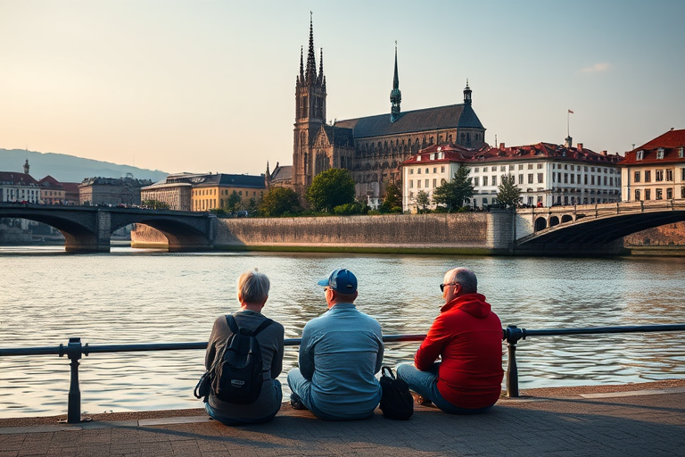 Capture a serene scene of three people sitting by a riverbank in Regensburg, Germany, with the gothic cathedral in the background, using a full-frame DSLR camera, 50mm lens, f/2.8 aperture, ISO 100, 1/200 sec shutter speed, early morning light for soft shadows and vibrant colors.