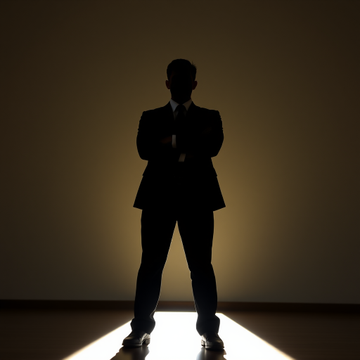 Create a high-quality image of a standing figure in a formal suit with arms crossed, shot with a 50mm lens at f/2.8 aperture, in natural light, using a DSLR camera from a low angle to enhance the silhouette effect.