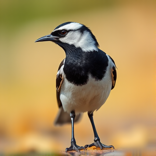 Create a high-resolution illustration of a standing bird with a black and white plumage, showcasing its distinct features, using a Canon EOS 5D Mark IV, with a 50mm f/1.8 lens, ISO 100, aperture f/8, shot from a low angle to emphasize depth, with soft natural lighting to enhance detail and color vibrancy.