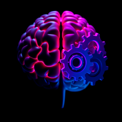 create an image of a brain on one side and gears on the other side with neon pink and blue colors, black background, high contrast, shot with a DSLR camera, 50mm lens, f/1.8 aperture, ISO 100, with a shallow depth of field and vibrant colors