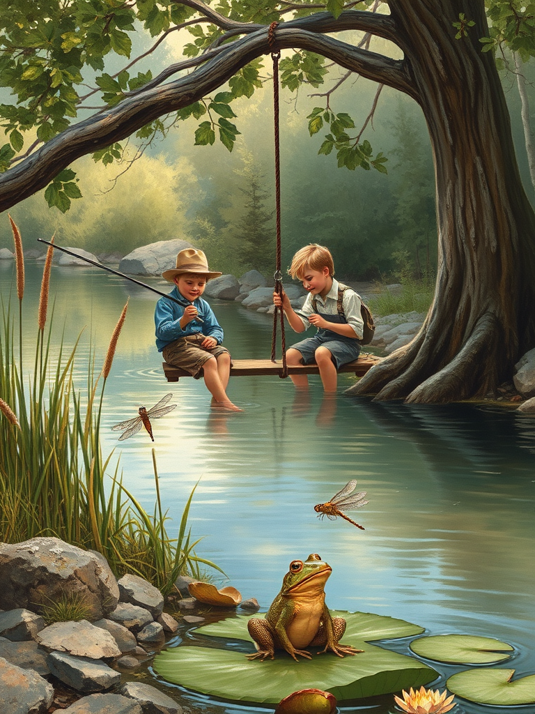 Imagine a small group of old fashioned young boys out fishing by the creek, a swing hanging from a tree branch, reeds and grasses by the water's edge, a frog sitting on a lily pad, dragonflies hovering over som water plans, a very iconic old fashioned scene reminiscent of a Norman Rockwell painting style