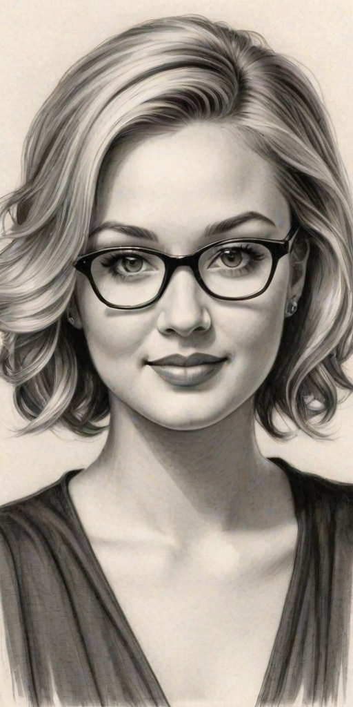 Delightful Tiffany Thornton, pencil sketch, portrait of Elegant woman 1927s in glasses, hair style beatnik, outline, clear lines, fine lines, 8k