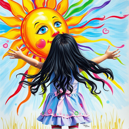 A depiction, in colorful paints, of a little girl, back to the viewer, short stripy socks, lilac and blue dress, arms outstretched, long black wavy hair being blown by the breeze, bight summer's day, up in the blue sky a giant colorful sun face, with pretty eyes, pink lips, colorful swirls, and rainbow colored flames shooting off in all directions