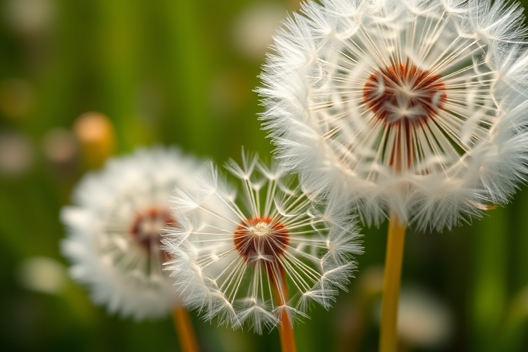 Close-up of dandelions with fluffy seeds in a soft focus background, natural lighting, aperture f/2.8, shutter speed 1/200 sec, ISO 100, macro lens, shot from a low angle to emphasize details against a blurred green backdrop.