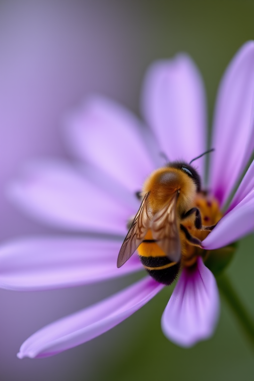 close-up of a bee on a purple flower with blurred background, f/2.8 aperture, 100mm macro lens, ISO 100, soft natural lighting, shallow depth of field, DSLR camera