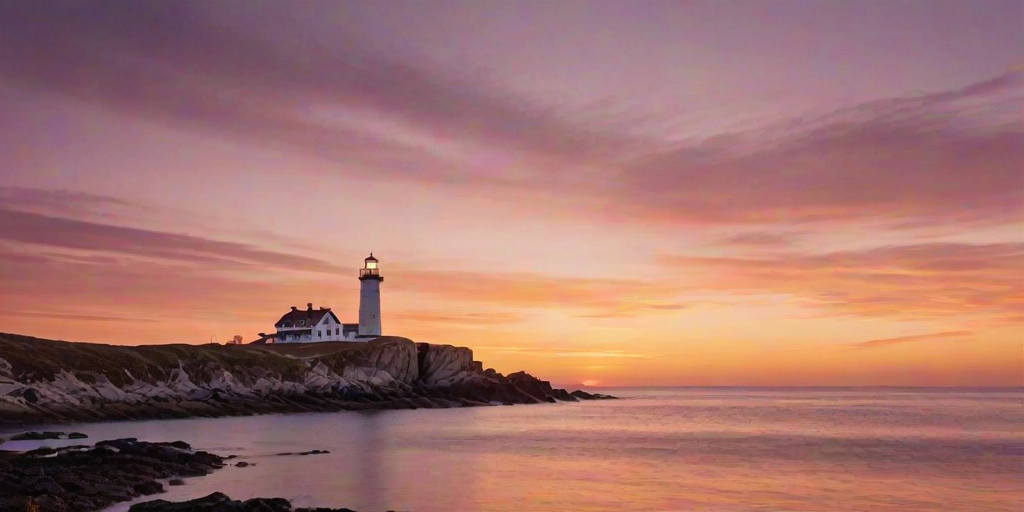 Generate an image of a tall lighthouse perched on a rocky outcrop surrounded by calm ocean waters during a breathtaking sunset. The lighthouse stands sturdy and weathered, its stone surface illuminated by the warm golden light of the setting sun. The sun's rays pass directly through the glass lantern room at the top of the lighthouse, casting a brilliant light across the scene. The sky is painted with vibrant shades of orange, pink, and purple, reflecting off the tranquil sea. The surrounding water shimmers with the same warm hues, creating a serene and majestic atmosphere.