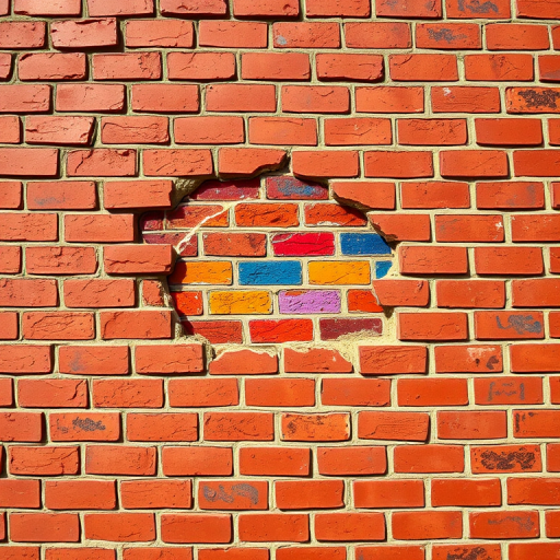 Create an image of a red brick wall with a damaged section revealing vibrant colors behind it, using a DSLR camera with a 50mm lens, aperture f/2.8, ISO 100, shot from a straight-on view in natural light to enhance texture and detail.