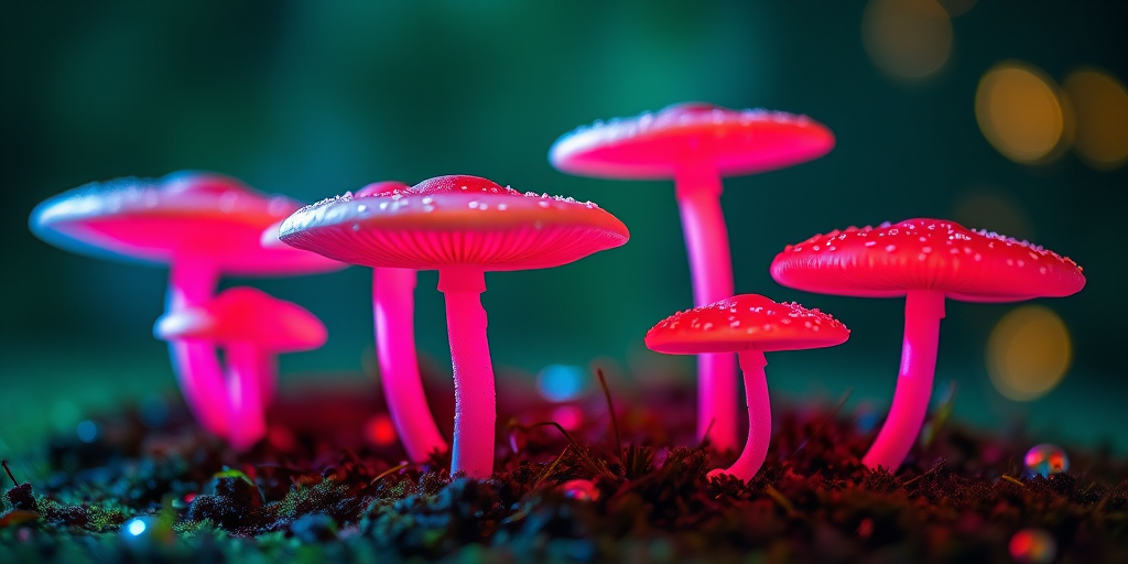 Regenerate the image of neon mushrooms with a high-resolution DSLR camera, f/2.8 aperture, ISO 100, 24mm lens, shot at a slight low angle with soft focus background, using studio lighting to enhance vibrant colors and details.