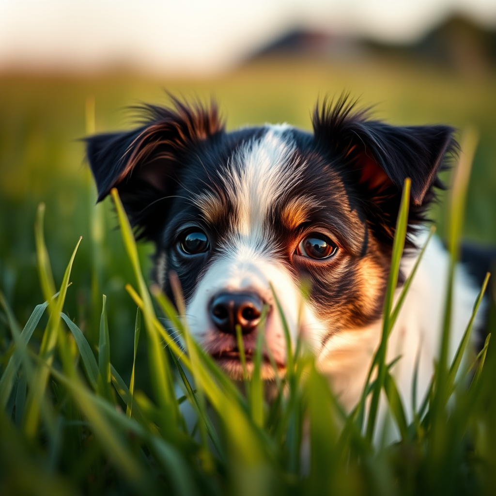 A close-up shot of a small black and white dog lying in tall green grass during golden hour, with a shallow depth of field, using a DSLR camera, 50mm lens, aperture f/1.8, ISO 200, shutter speed 1/200s, in natural light for enhanced clarity.