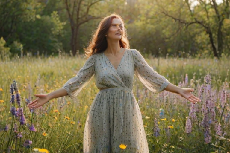 Quiet meadow dotted with wildflowers, a woman in a flowy dress standing among the blooms, her arms outstretched as she embraces the warm summer sun.