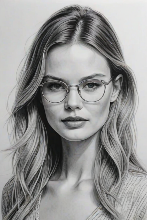 Exquisite Behati Prinsloo, pencil sketch, portrait of Beauteous woman 1935s in glasses, hair style beatnik, outline, clear lines, fine lines, 8k