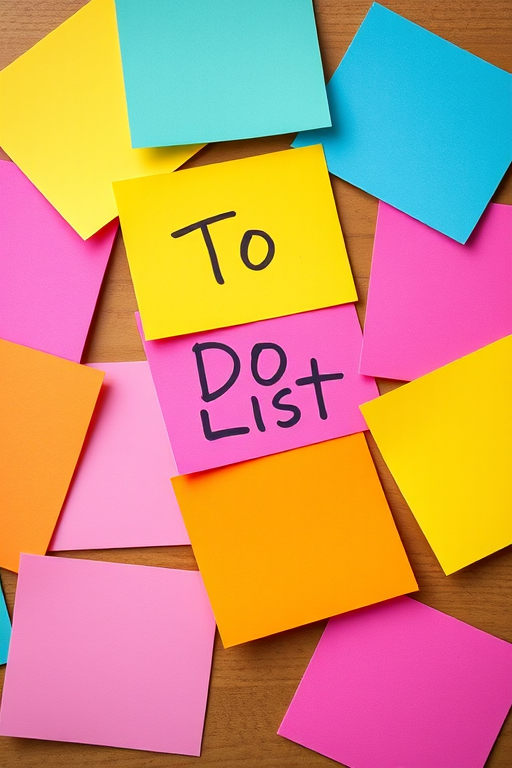 create an image of colorful sticky notes with "To Do List" printed on them, arranged in a flat lay style, using a DSLR camera, aperture f/4, shutter speed 1/125 sec, ISO 100, natural light for enhanced clarity and vibrancy