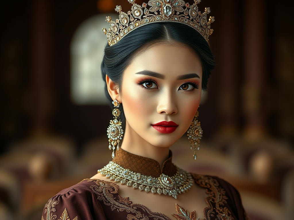 A gorgeous Hmong woman in a luxurious brown gown, accessorized with a dazzling tiara and statement earrings, her deep red eyes highlighted by impeccable makeup, poised in a royal setting, photorealistic, 8K quality