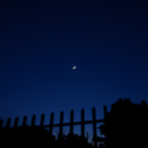 night sky with crescent moon and faint star above a silhouette of a fence, shallow depth of field, 50mm lens, f/1.8 aperture, ISO 200, 1/60 sec exposure, soft lighting, twilight setting
