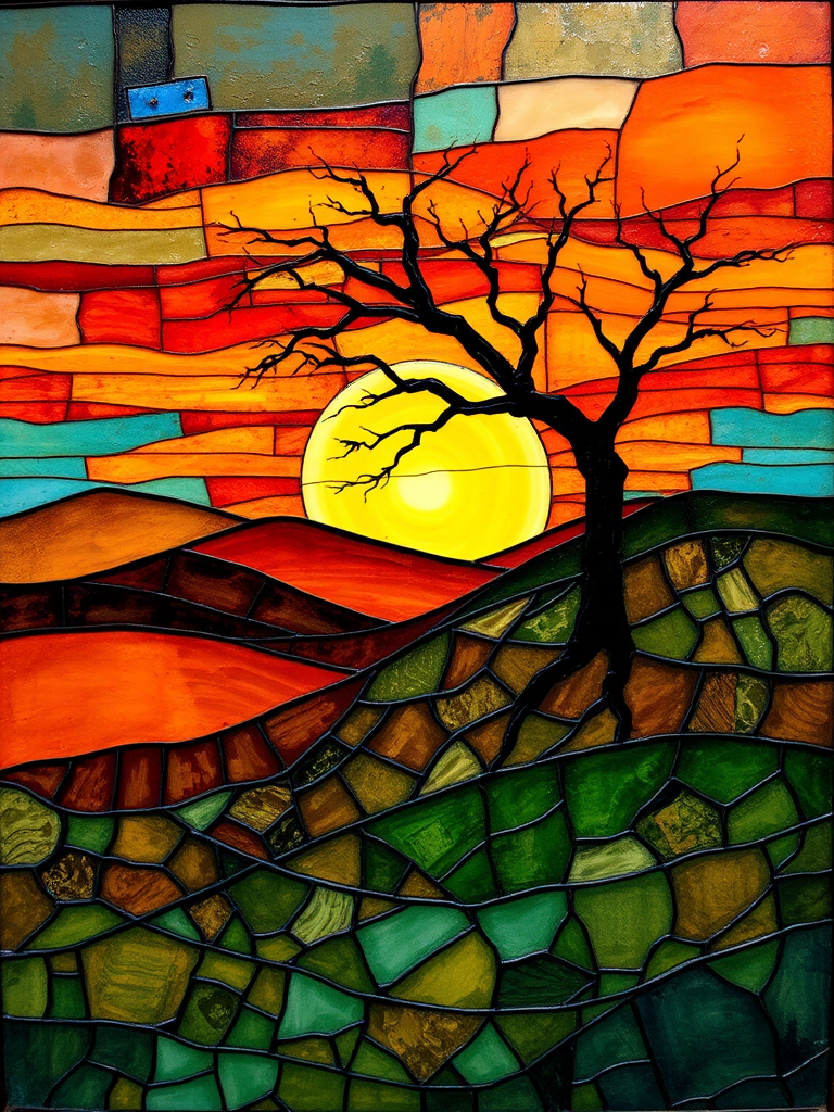 A vibrant abstract painting on Tiffany Glass, blending acrylic and alcohol ink techniques, captures a dramatic sunset over rolling hills. The artwork features a textured, rocky foreground in green and brown, layered abstract hills, and a striking sunset in rich oranges, yellows, and reds. A solitary black tree with intricate branches contrasts against the fiery sky, creating a dynamic and expressive portrayal of a breathtaking natural scene.