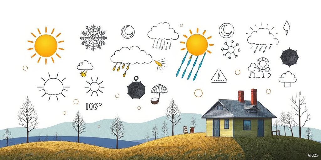 Create a highly detailed illustration of various weather symbols including sun, clouds, rain, snow, and a house in a landscape setting, using a Canon EOS 5D Mark IV camera with a 50mm lens, aperture set to f/1.8, ISO 100, and soft natural lighting for enhanced image quality.