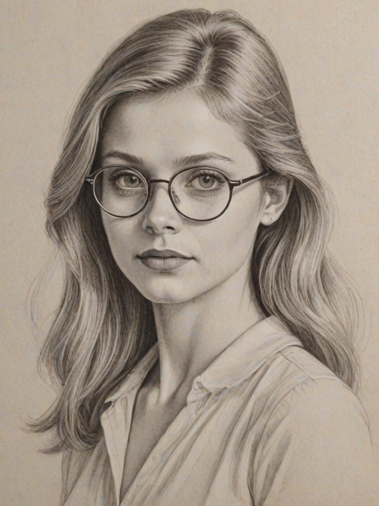 Lovely Anna Baryshnikov, pencil sketch, portrait of Captivating woman 1976s in glasses, hair style beatnik, outline, clear lines, fine lines, 8k