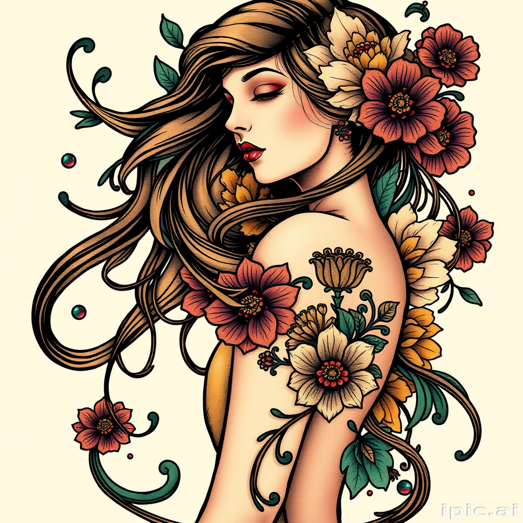 Art nouveau-inspired tattoo titled "Nouveau Nightingale" featuring an elegant woman with flowing hair intertwined with intricate floral patterns and whiplash curves, incorporating rich jewel tones and gold accents to emulate the luxurious style of the art movement