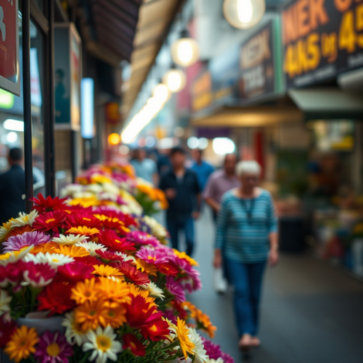 Blurry candid photo of a street vendor selling colorful flowers in a bustling city market, soft glow from overhead string lights illuminating the vibrant petals, with distant pedestrians walking by.