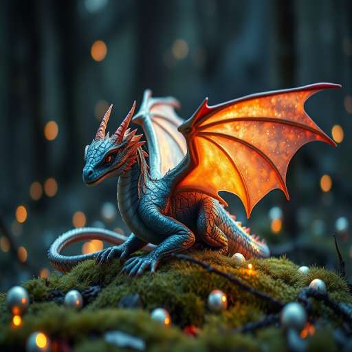 A mystical dragon with iridescent scales and glowing wings sitting on moss surrounded by shimmering orbs, captured in high detail using a DSLR camera, 85mm lens, f/1.8 aperture, ISO 200, soft focus with ambient lighting in a dimly lit forest setting.