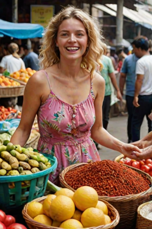 Bustling food market in a foreign city, vibrant spices and fresh produce piled high, a woman in a sundress haggles with a vendor over a basket of tropical fruit.