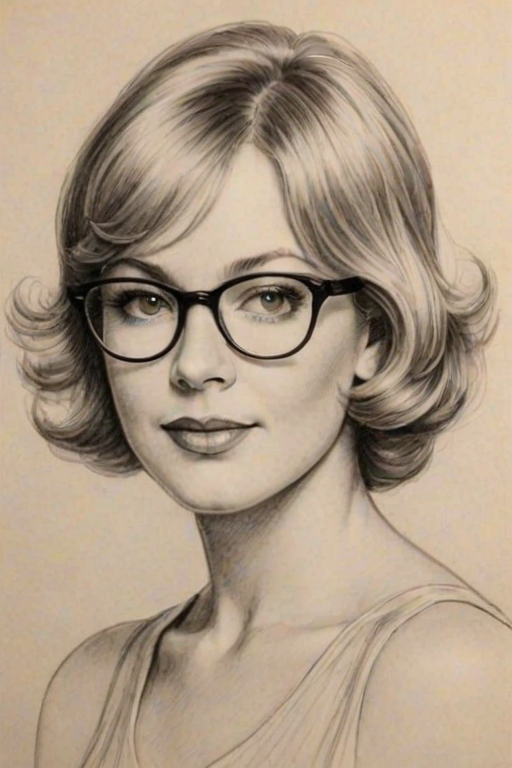 Wonderful Catherine Hicks, pencil sketch, portrait of Graceful woman 1928s in glasses, hair style beatnik, outline, clear lines, fine lines, 8k