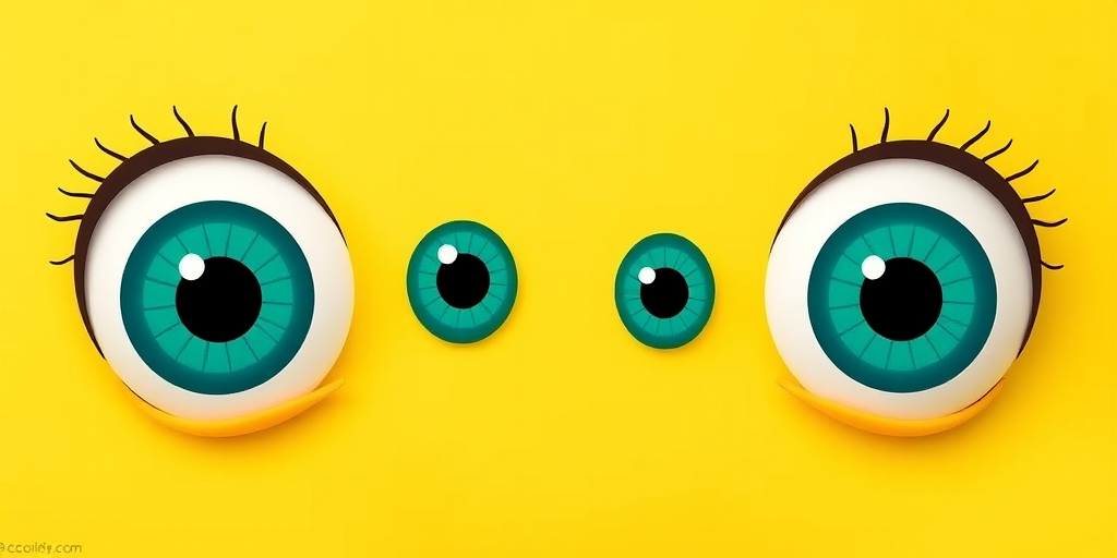 Create a playful cartoon image of large, expressive eyes with white sclerae and teal pupils against a bright yellow background, captured with a digital camera set to f/8 aperture, 50mm lens, in standard view, using a flat lay style for a clean and vibrant look.