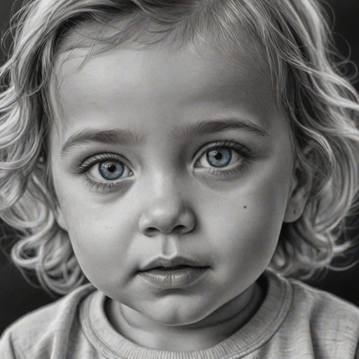 A hyperdetailed photorealistic black and white sketch of a beautiful toddler with deep cyan eyes, with a macro focus